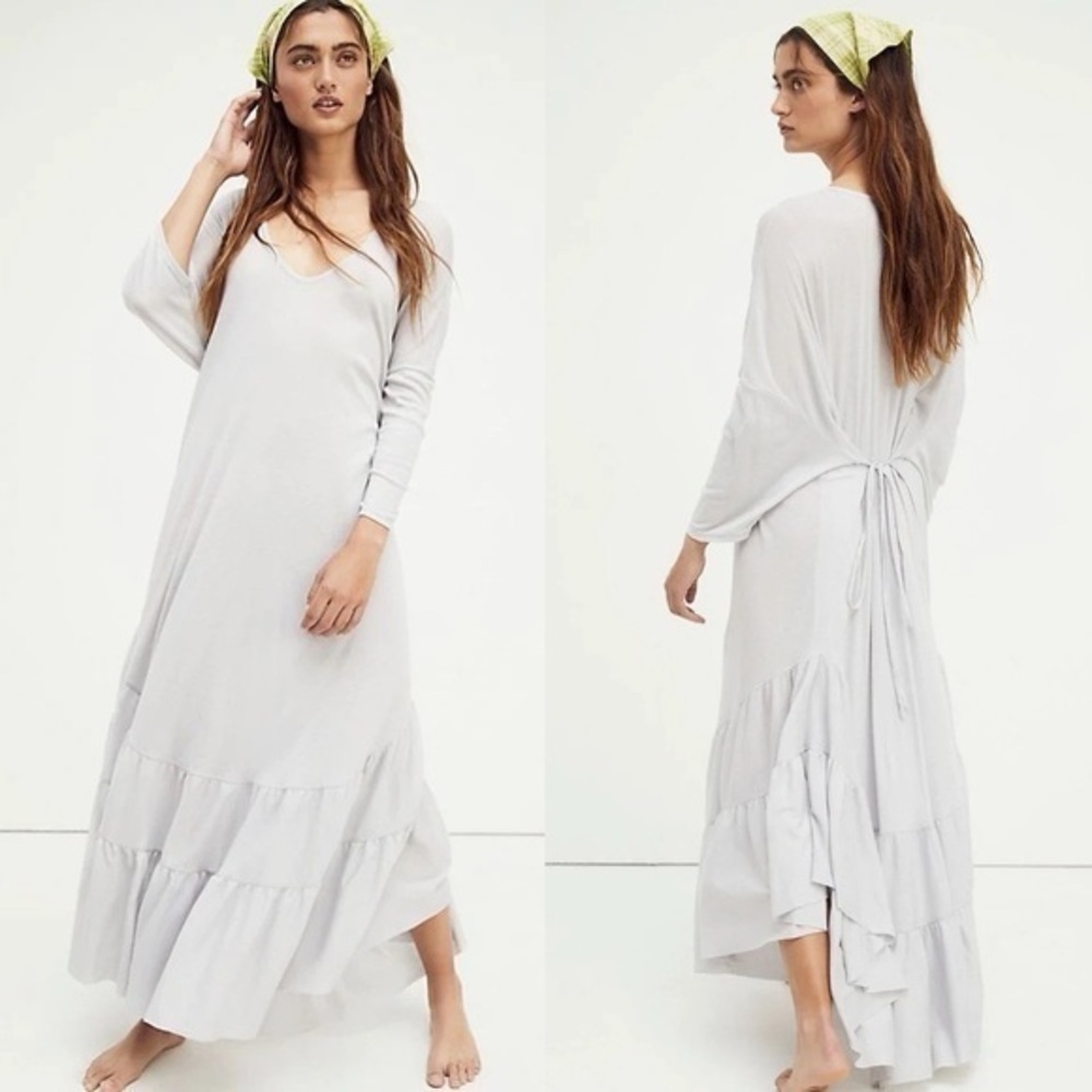 Free People White Tiered Long Sleeve Oversized Deep Scoop Sunseeker Maxi T Dress